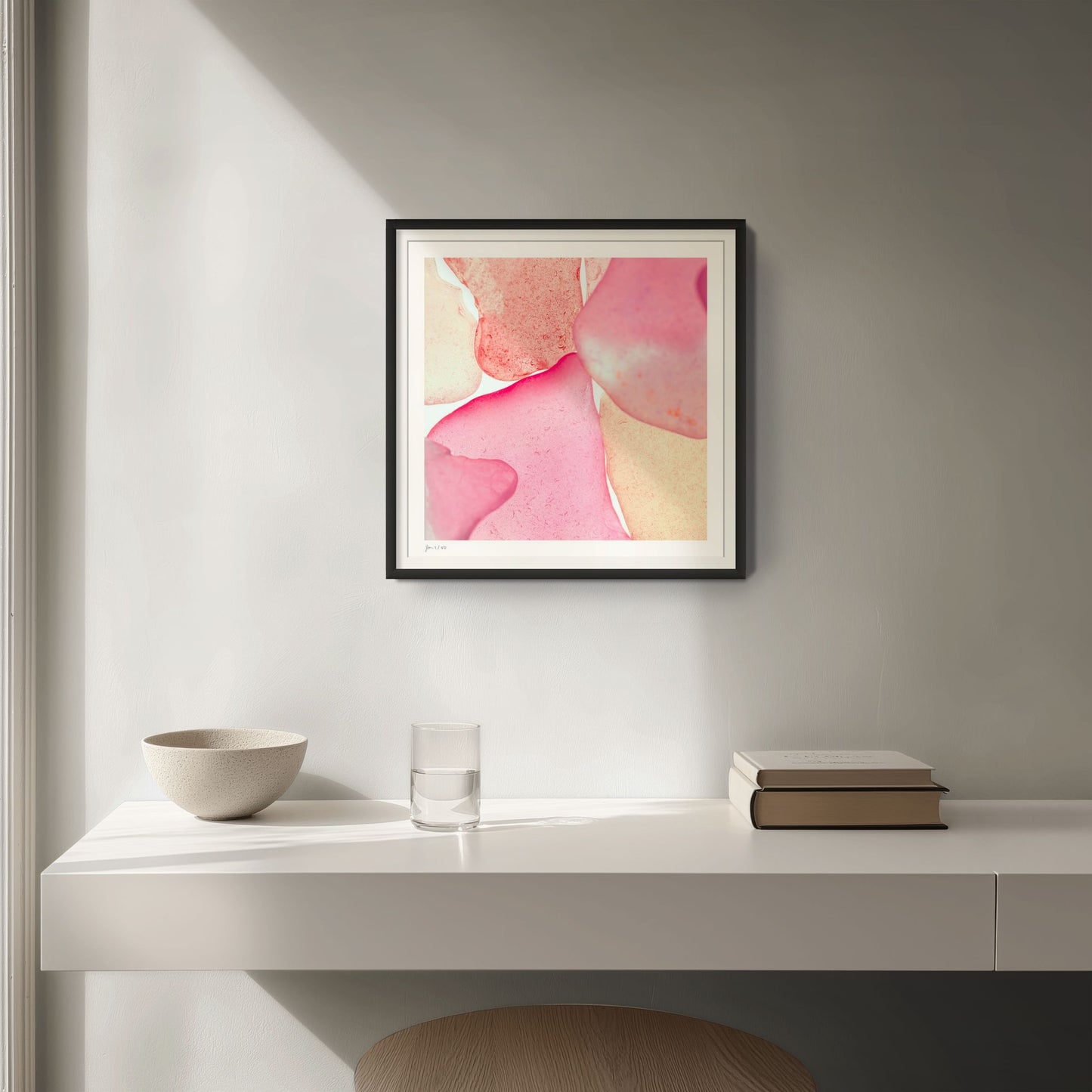 Pop Glasses Blush limited edition framed print with black frame styled in an elegant interior