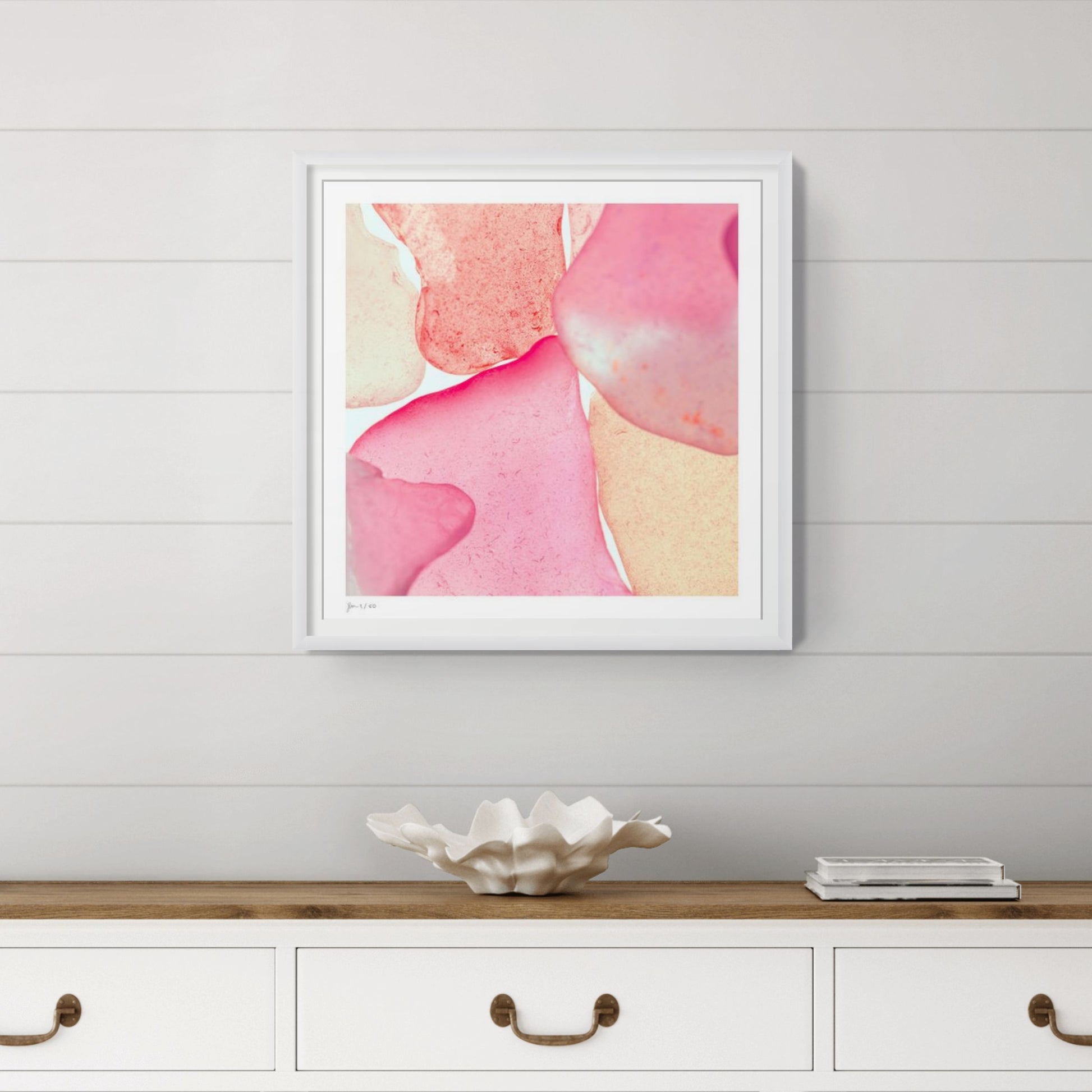 Pop Glasses Blush limited edition print displayed in a refined beach house interior