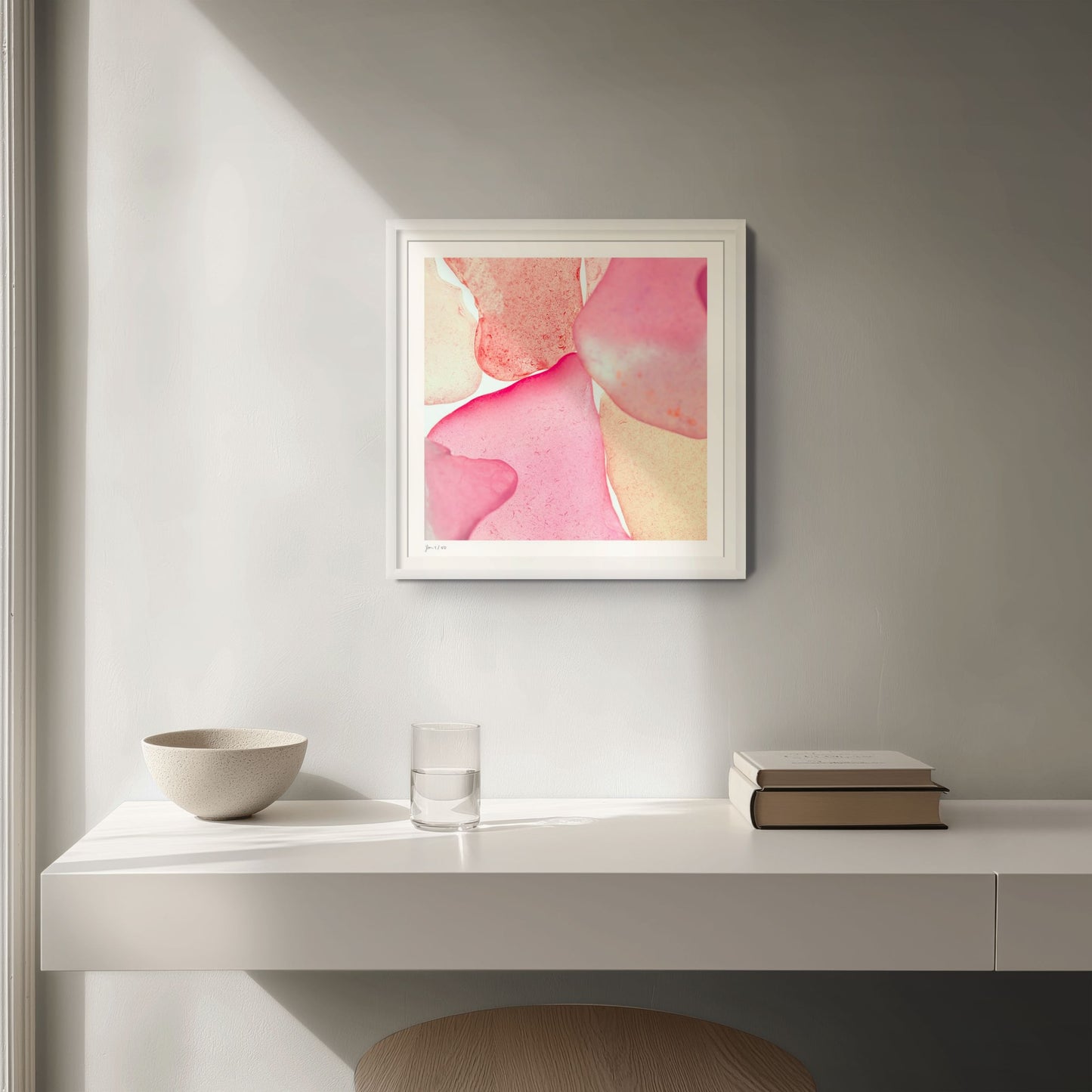 Pop Glasses Blush signed limited edition print in white frame in a contemporary home