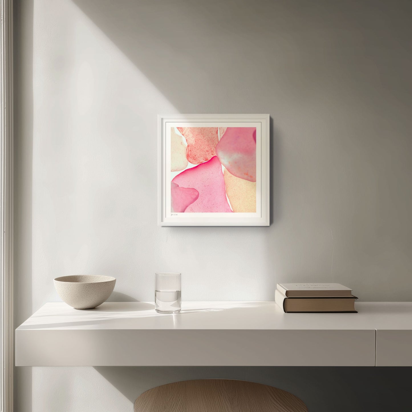 Pop Glasses Blush white framed signed limited edition print in modern interior decor