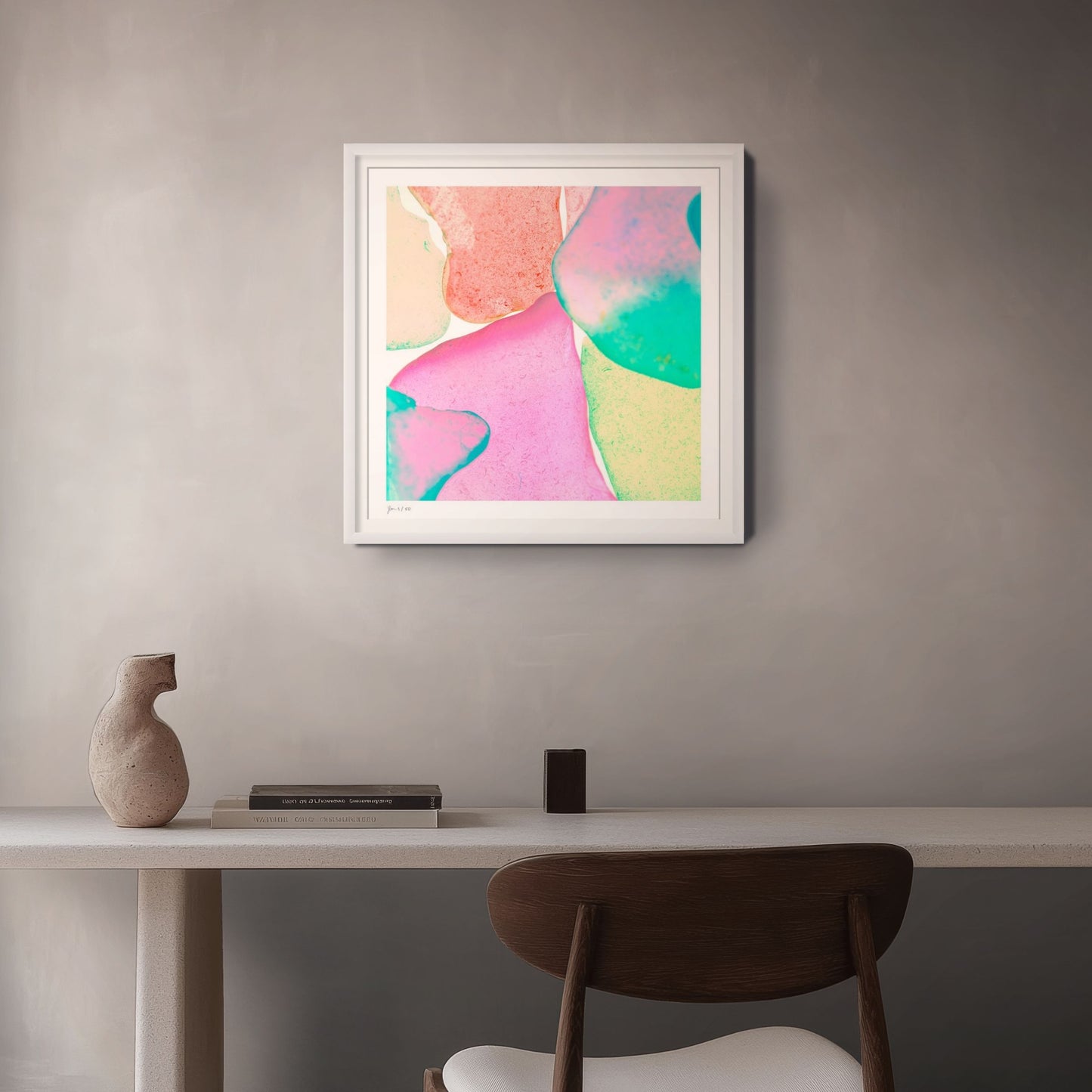 Pop Glasses Coral colorful limited edition wall art in a clean modern decor setting by Jeanne Le Menn