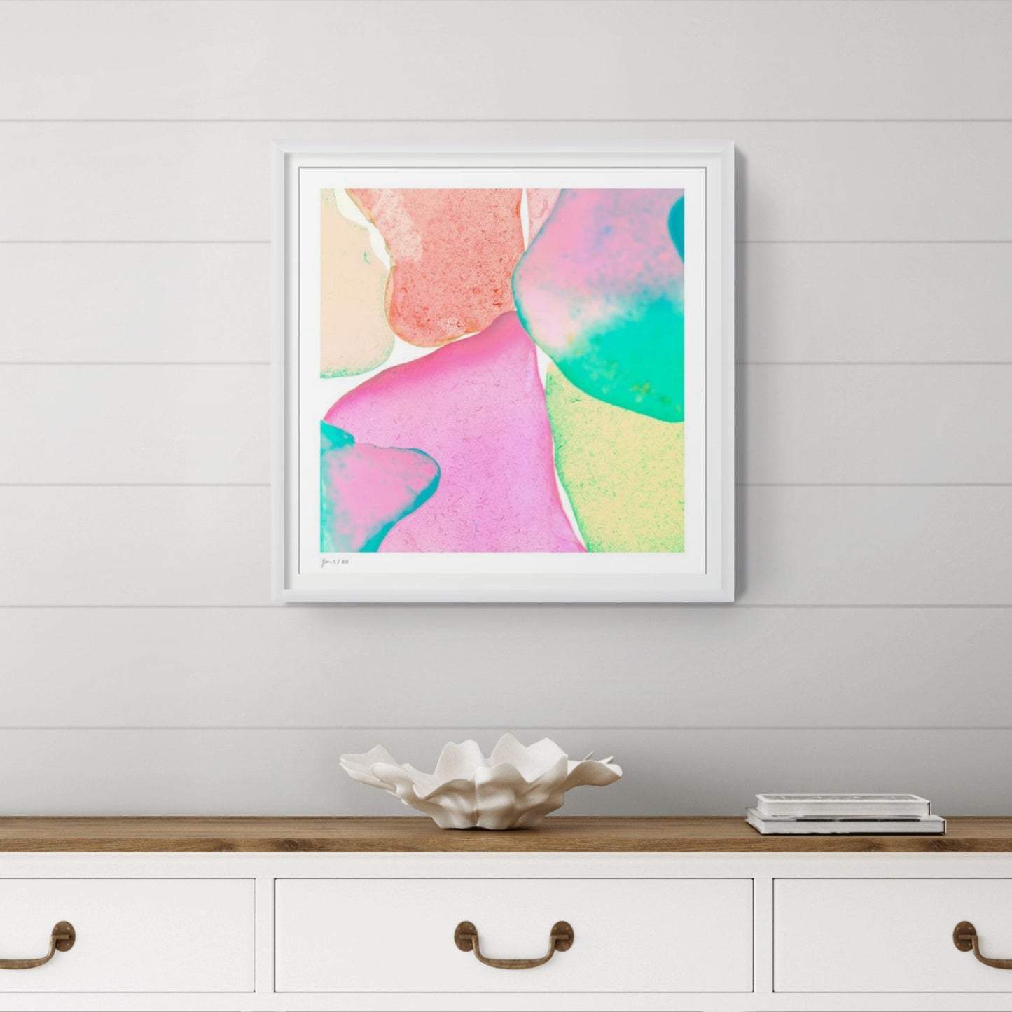 Pop Glasses Coral signed limited edition wall art styled in a coastal interior by Jeanne Le Menn