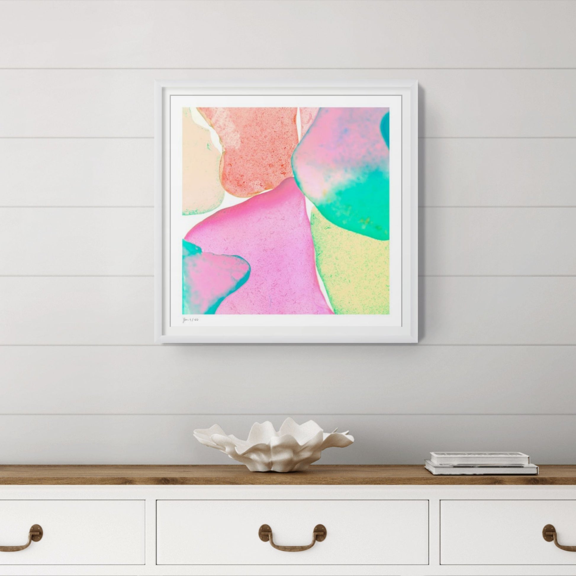 Pop Glasses Coral signed limited edition wall art styled in a coastal interior by Jeanne Le Menn