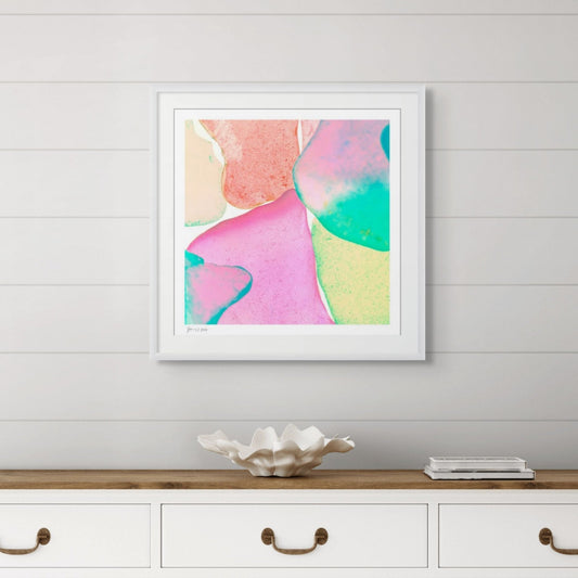 Pop Glasses Coral signed limited edition wall art styled in a coastal interior by Jeanne Le Menn