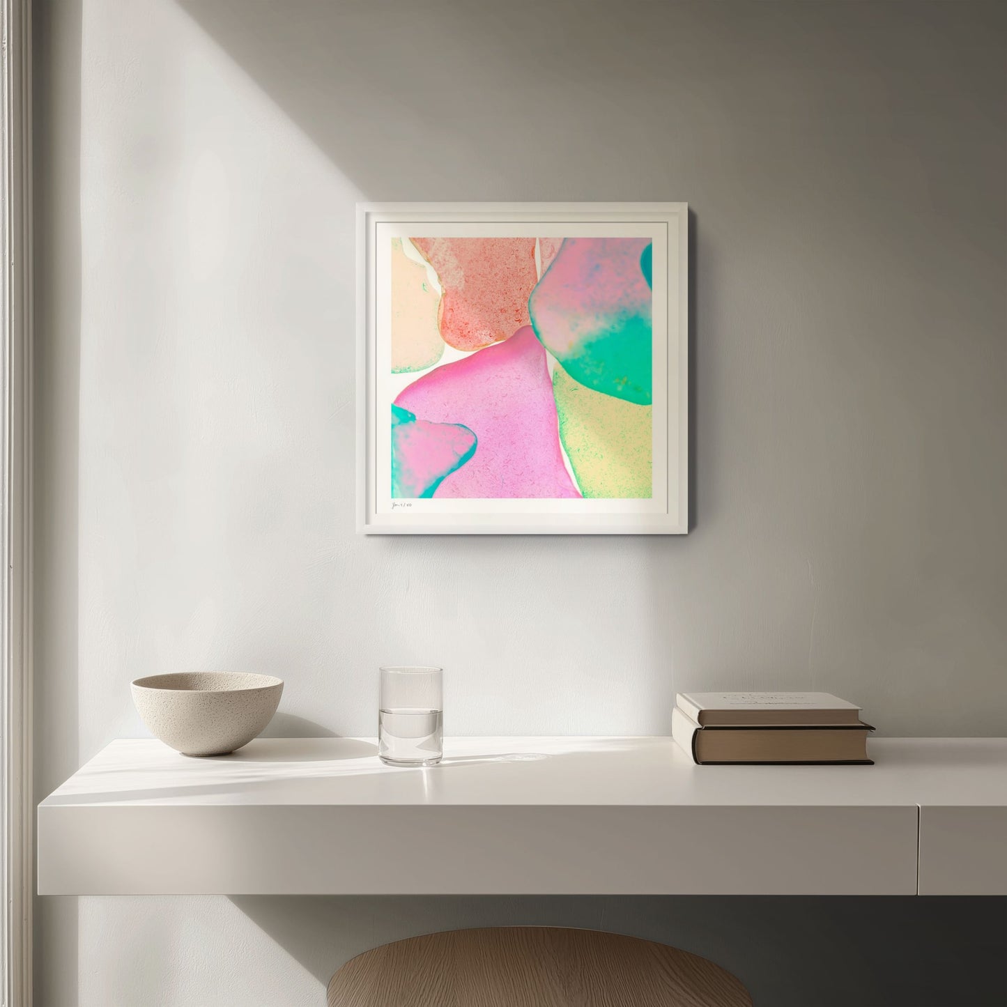 Pop Glasses Coral signed limited edition print in modern white frame by Jeanne Le Menn