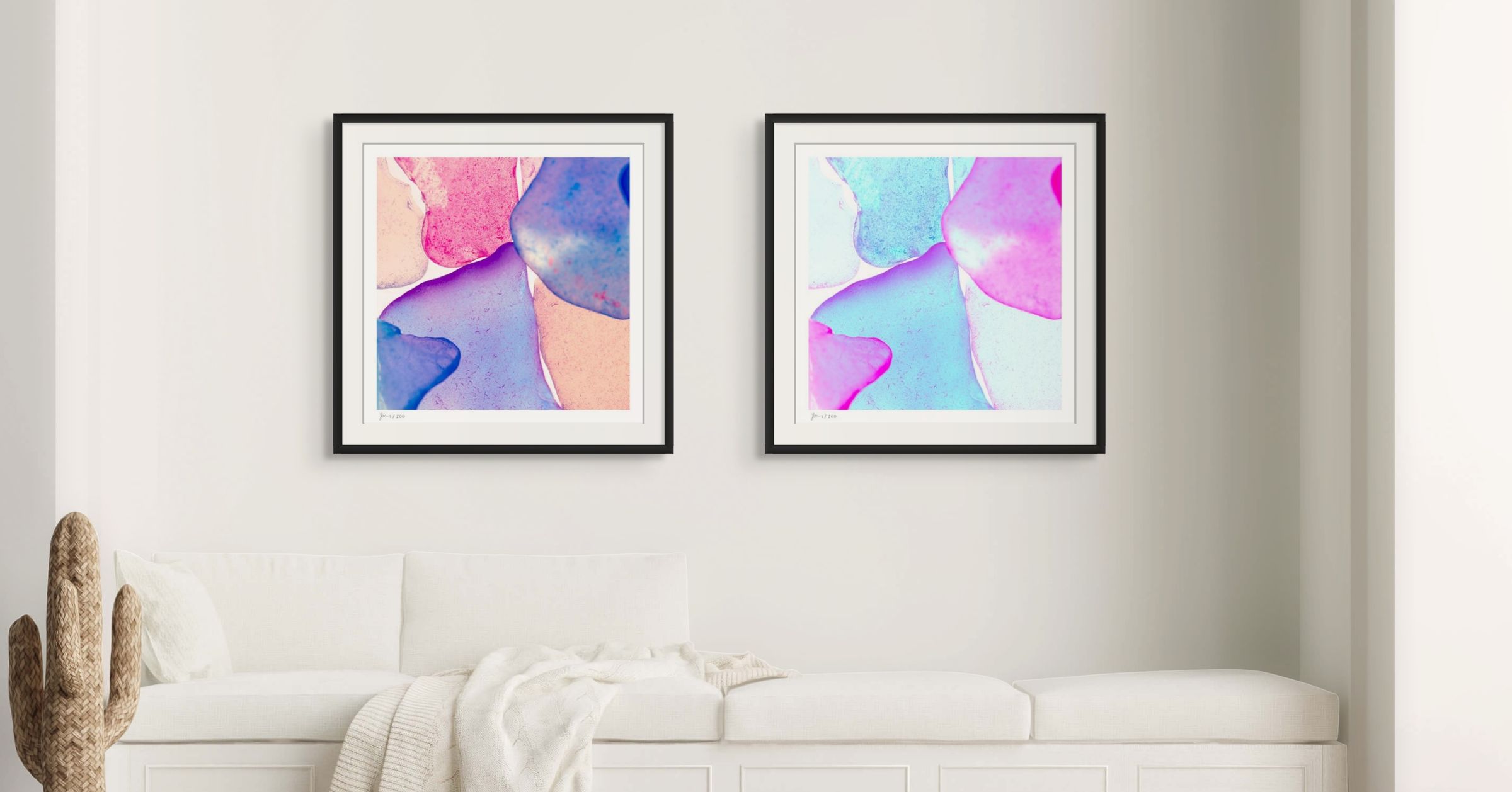 Pop Glasses series by Jeanne Le Menn, two abstract fine art prints displayed in black frames in a modern interior