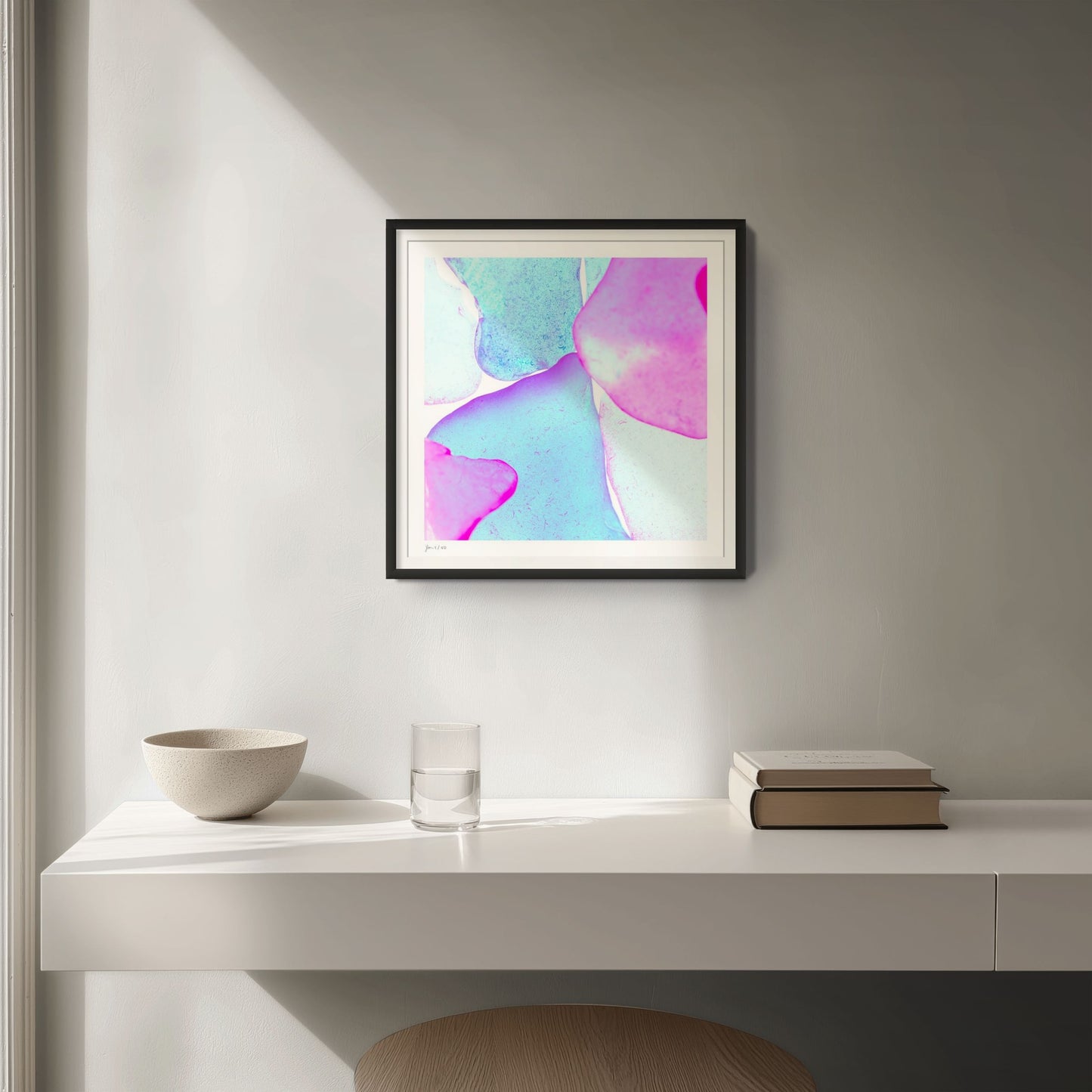 Pop Glasses Lagoon limited edition photographic wall art by Jeanne Le Menn in a black frame
