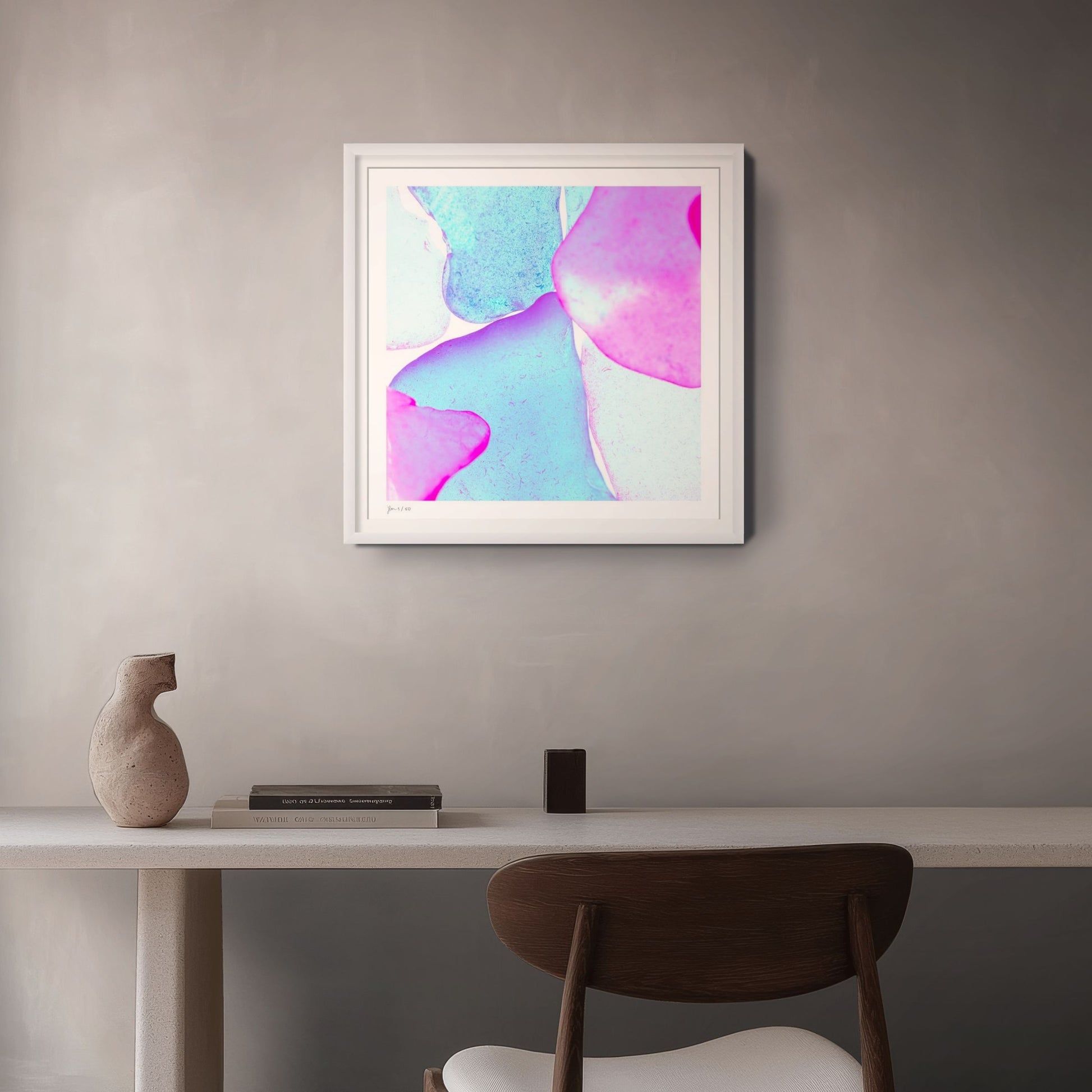 Pop Glasses Lagoon contemporary photographic print by Jeanne Le Menn shown in an interior setting
