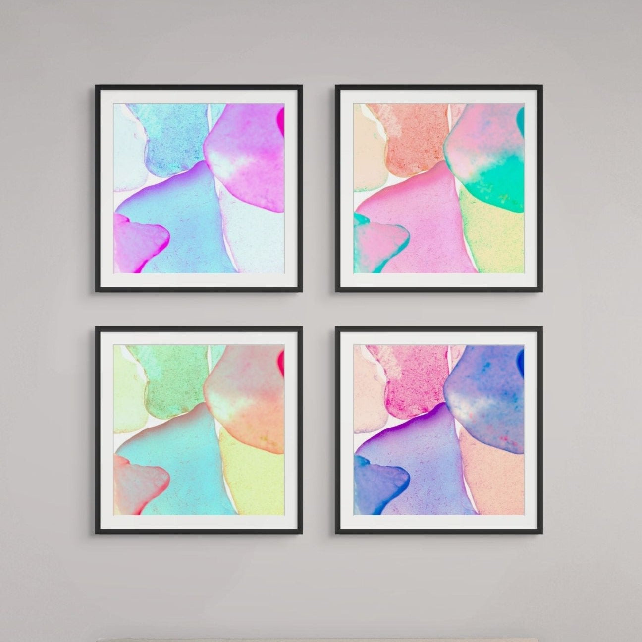 Pop Glasses Lagoon neon mint coral lagoon contemporary photographic print by Jeanne Le Menn shown in an interior setting