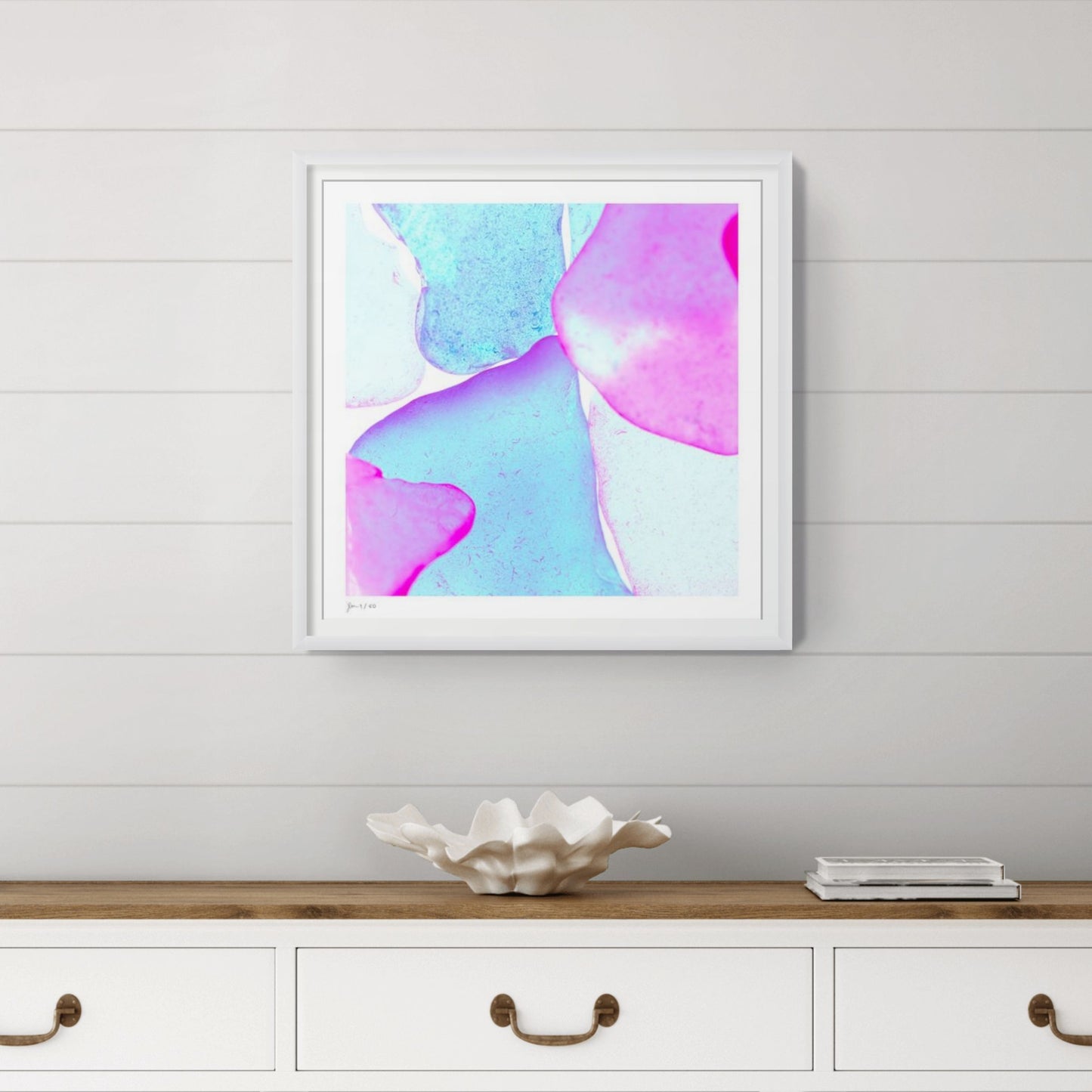Pop Glasses Lagoon limited edition photographic wall art by Jeanne Le Menn shown in a contemporary interior