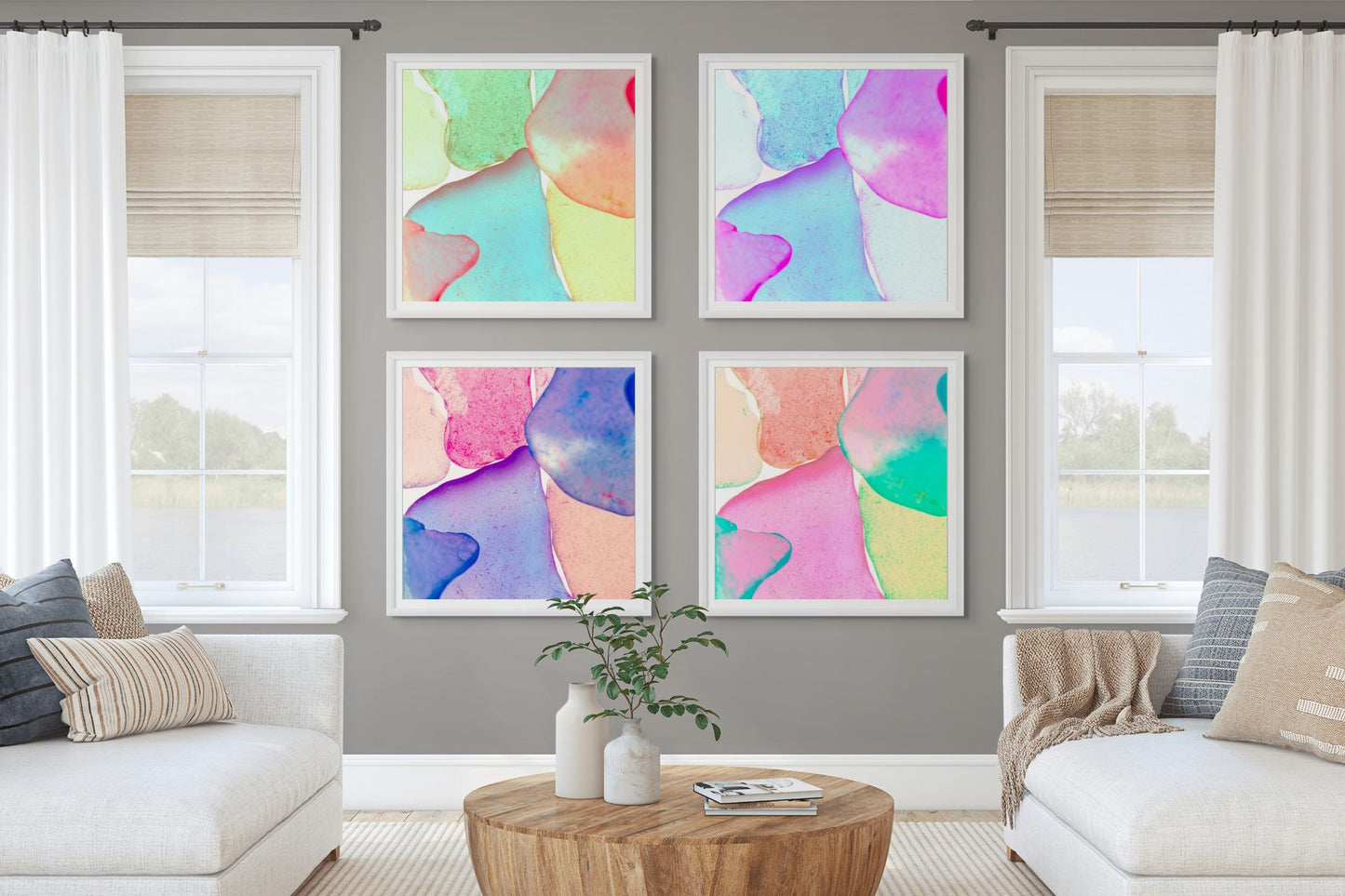 Pop Glasses neon lagoon coral mint contemporary photographic print by Jeanne Le Menn shown in an interior setting