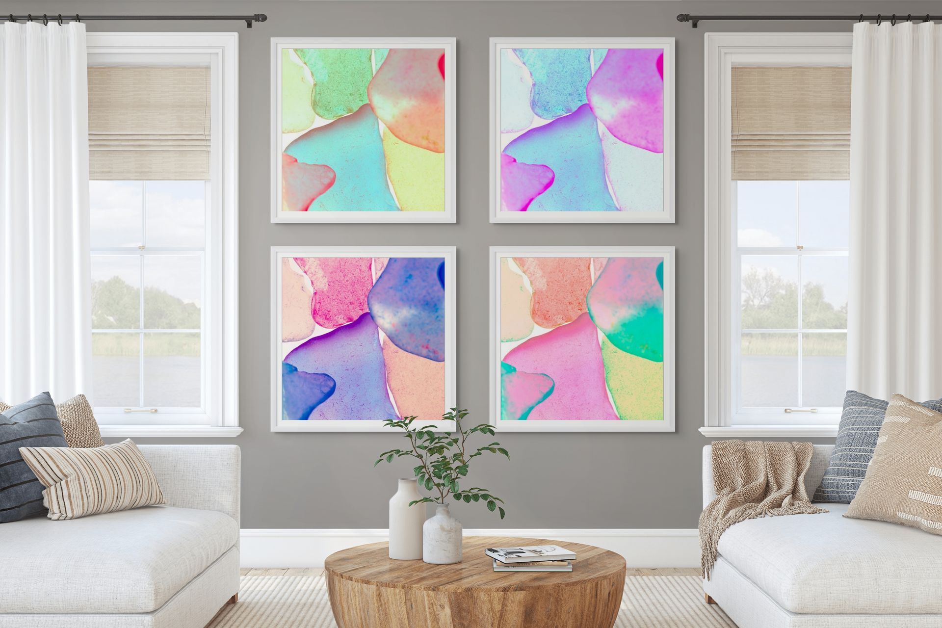 Pop Glasses neon lagoon coral mint contemporary photographic print by Jeanne Le Menn shown in an interior setting